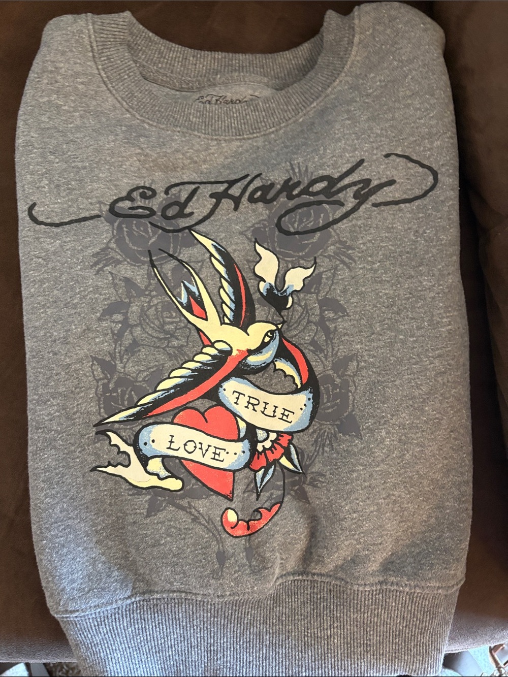 Ed Hardy Gray Kids Sweatshirt with Colorful 'True Love' Swallow Graphic